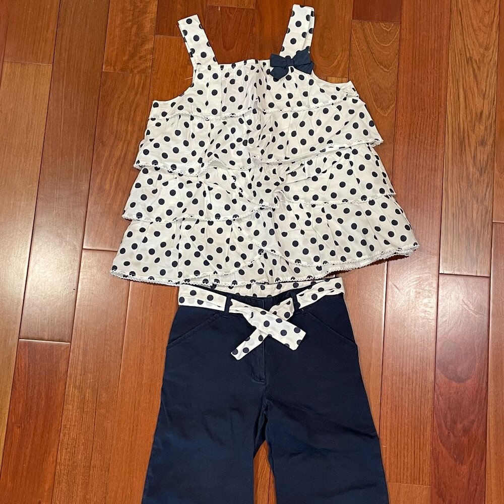 Gymboree Parisian Rose blue & white polka dot tiered top / pants outfit size 10